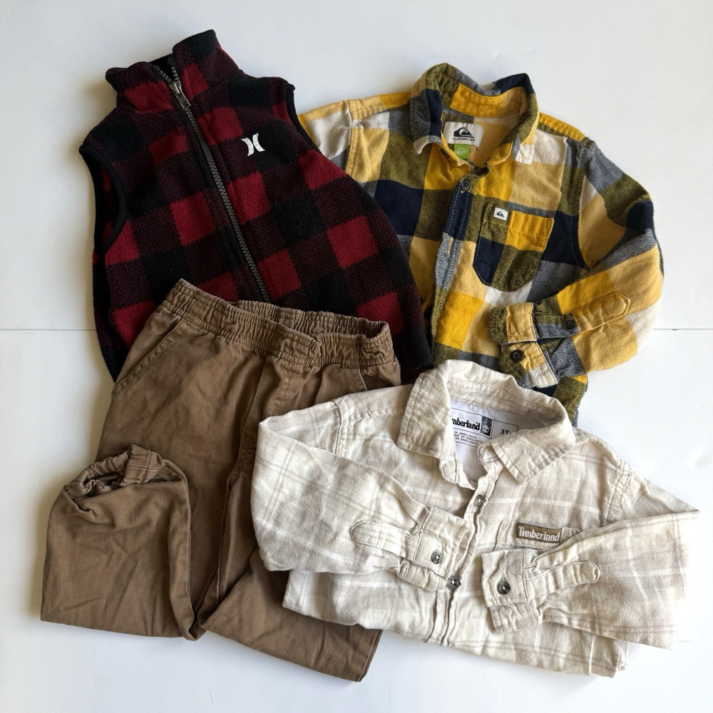 Timberland Quicksilver Boys 3T Outfit Set – Plaid Flannel Shirt & Tan Pants Vest